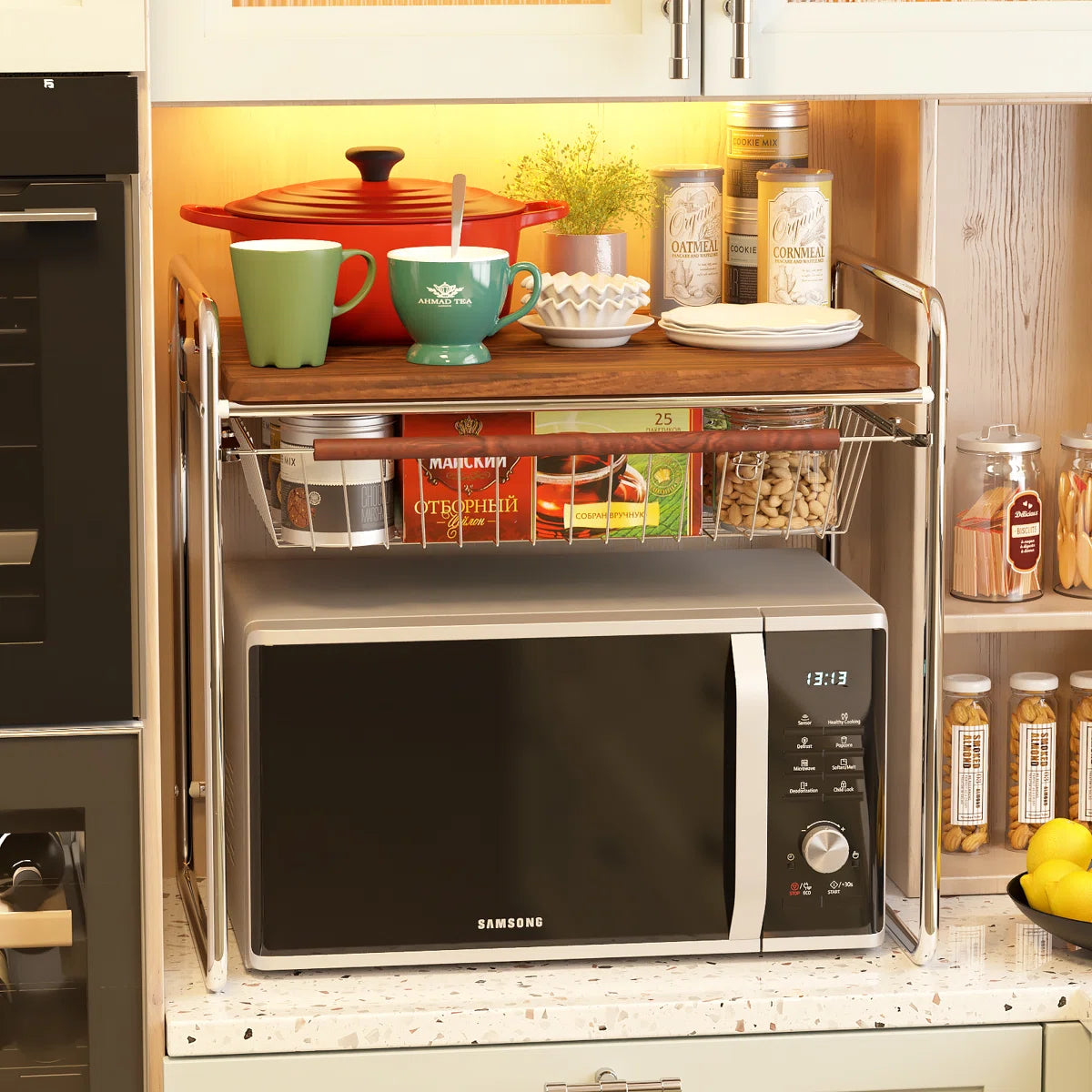 Kitchen Rack: Multifunctional Storage Rack for Microwave Oven with Wooden Tabletop and Steel Drawers