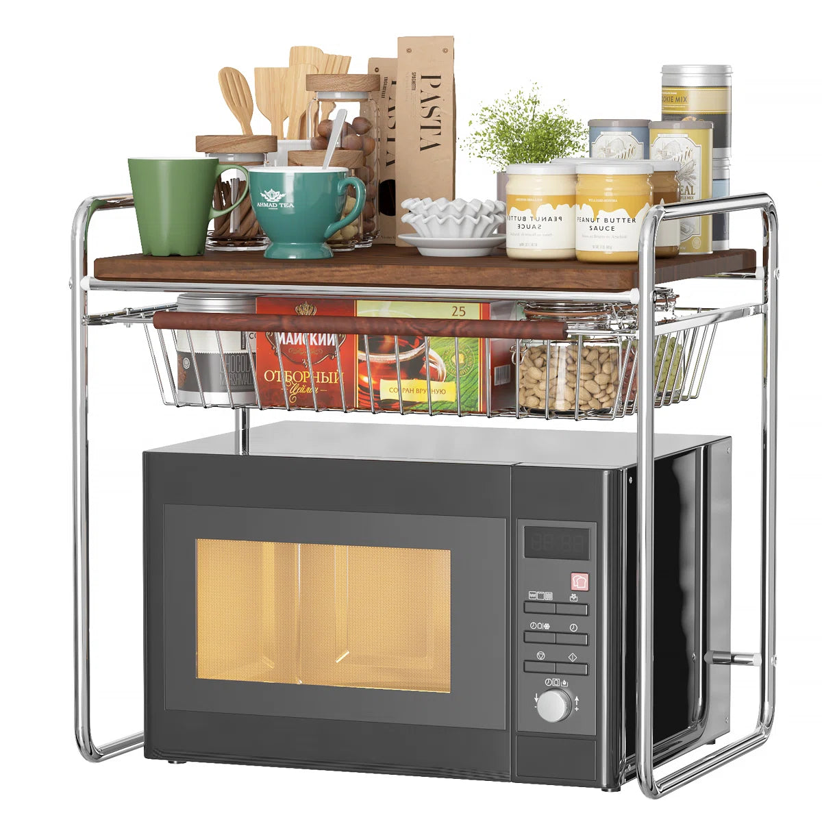 Kitchen Rack: Multifunctional Storage Rack for Microwave Oven with Wooden Tabletop and Steel Drawers
