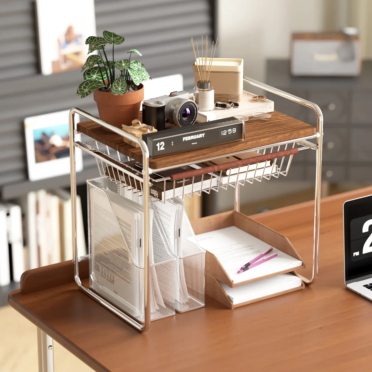 Kitchen Rack: Multifunctional Storage Rack for Microwave Oven with Wooden Tabletop and Steel Drawers
