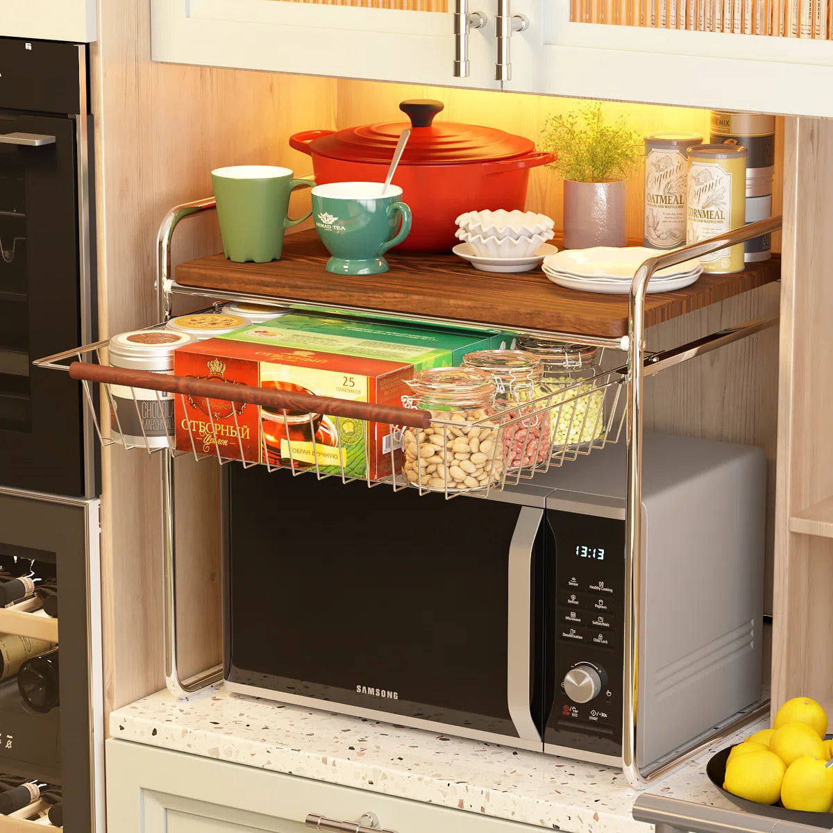 Kitchen Rack: Multifunctional Storage Rack for Microwave Oven with Wooden Tabletop and Steel Drawers