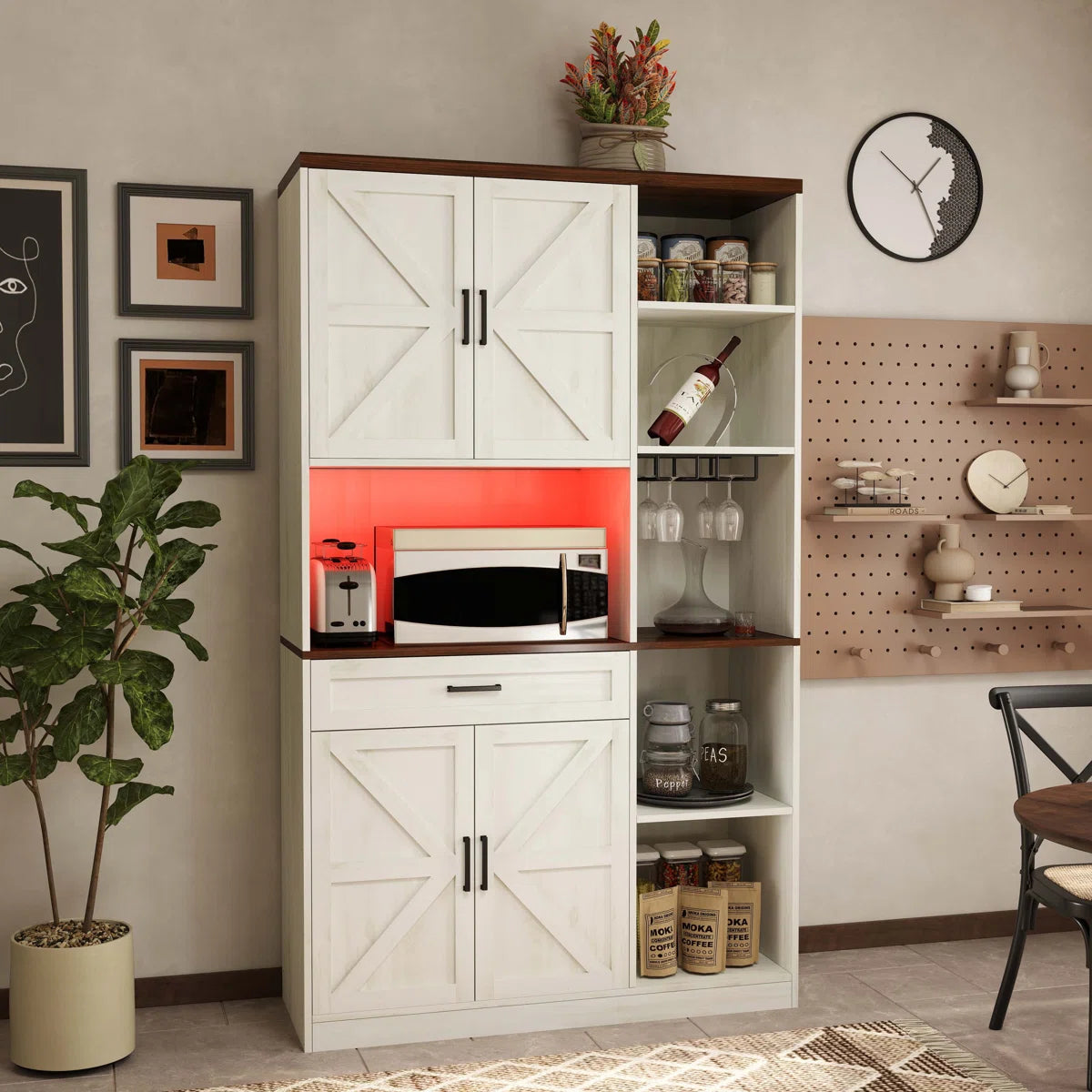 Microwave Stands: Farmhouse Pantry Cabinet with Drawer, Hutch, Charging Station & LED Light