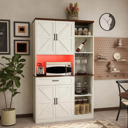 Microwave Stands: Farmhouse Pantry Cabinet with Drawer, Hutch, Charging Station & LED Light
