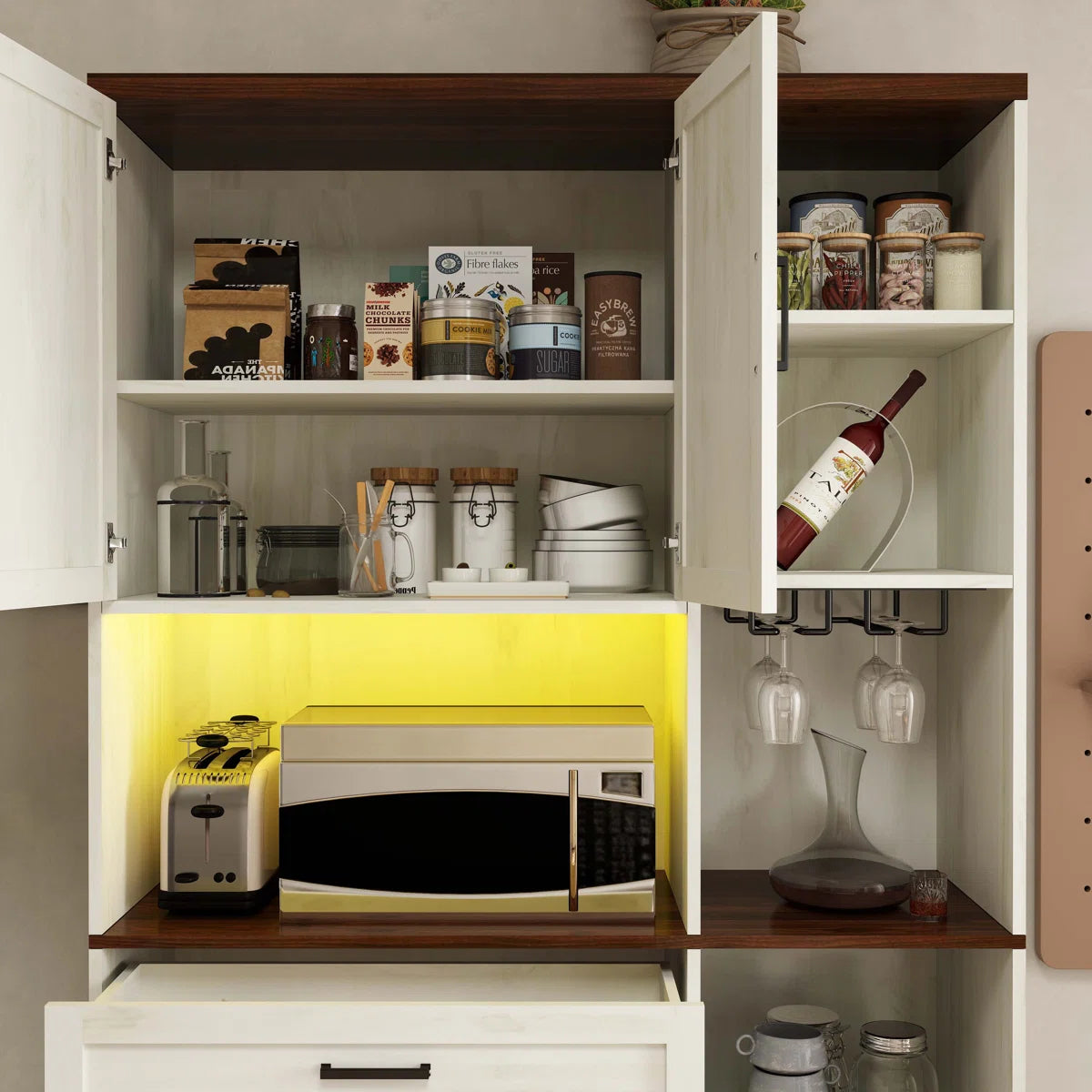 Microwave Stands: Farmhouse Pantry Cabinet with Drawer, Hutch, Charging Station & LED Light