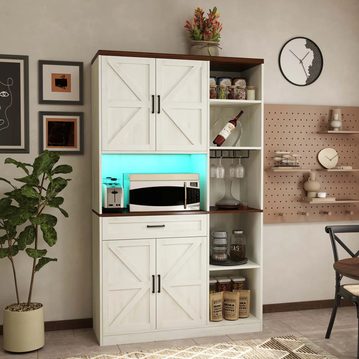 Microwave Stands: Farmhouse Pantry Cabinet with Drawer, Hutch, Charging Station & LED Light