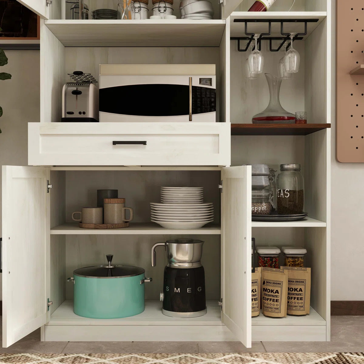 Microwave Stands: Farmhouse Pantry Cabinet with Drawer, Hutch, Charging Station & LED Light