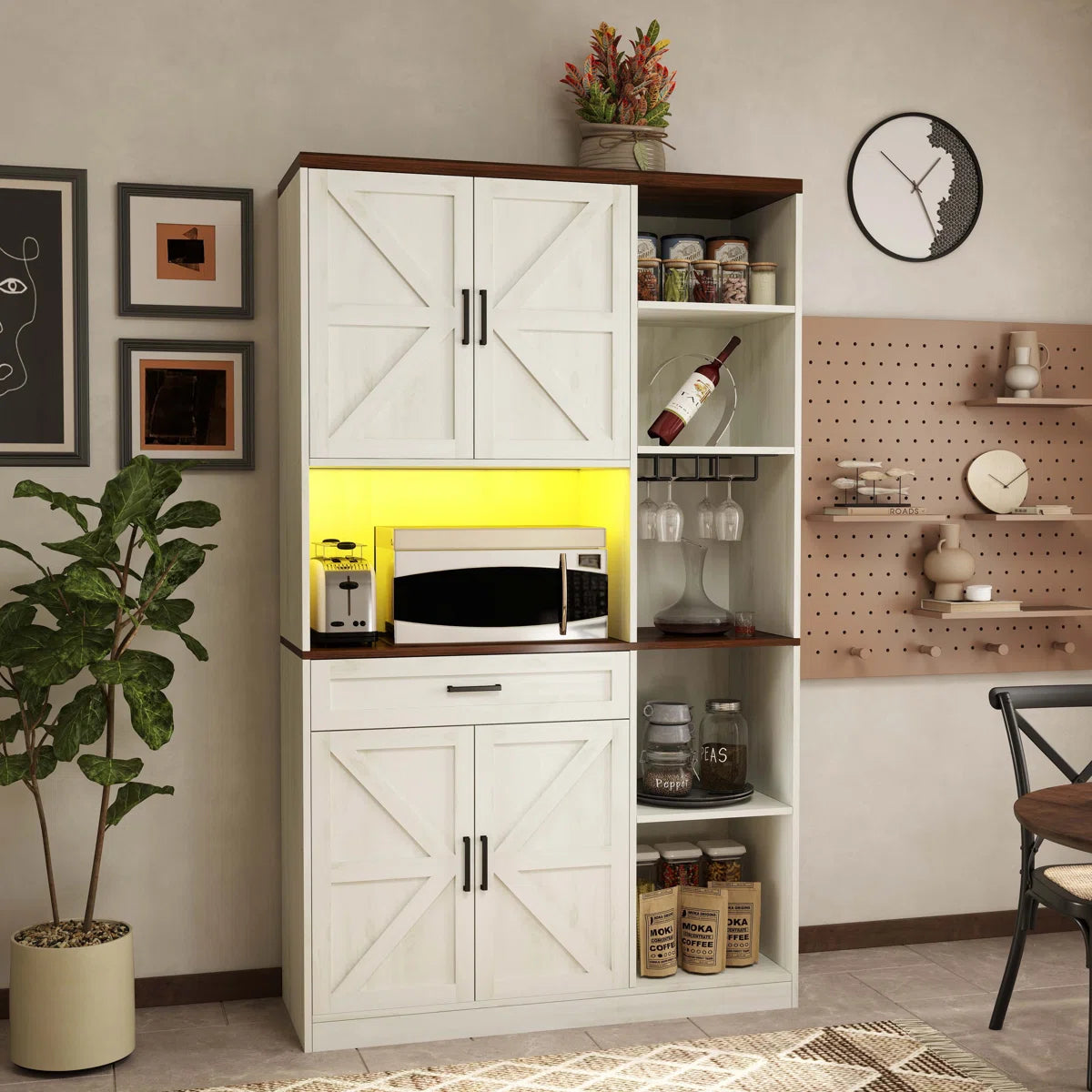 Microwave Stands: Farmhouse Pantry Cabinet with Drawer, Hutch, Charging Station & LED Light