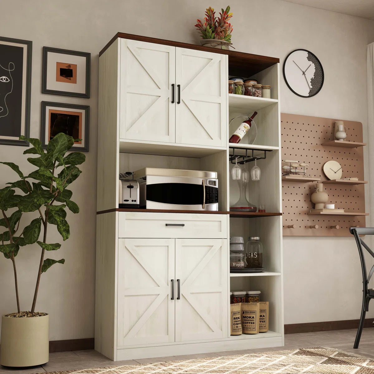 Microwave Stands: Farmhouse Pantry Cabinet with Drawer, Hutch, Charging Station & LED Light