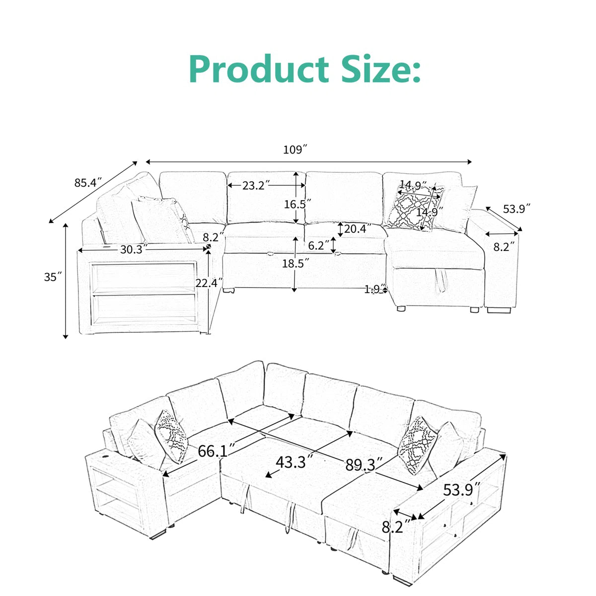 7 Seater Sofa Set: 109'' Chenille U-Shaped Sectional with Square Arms Sofa