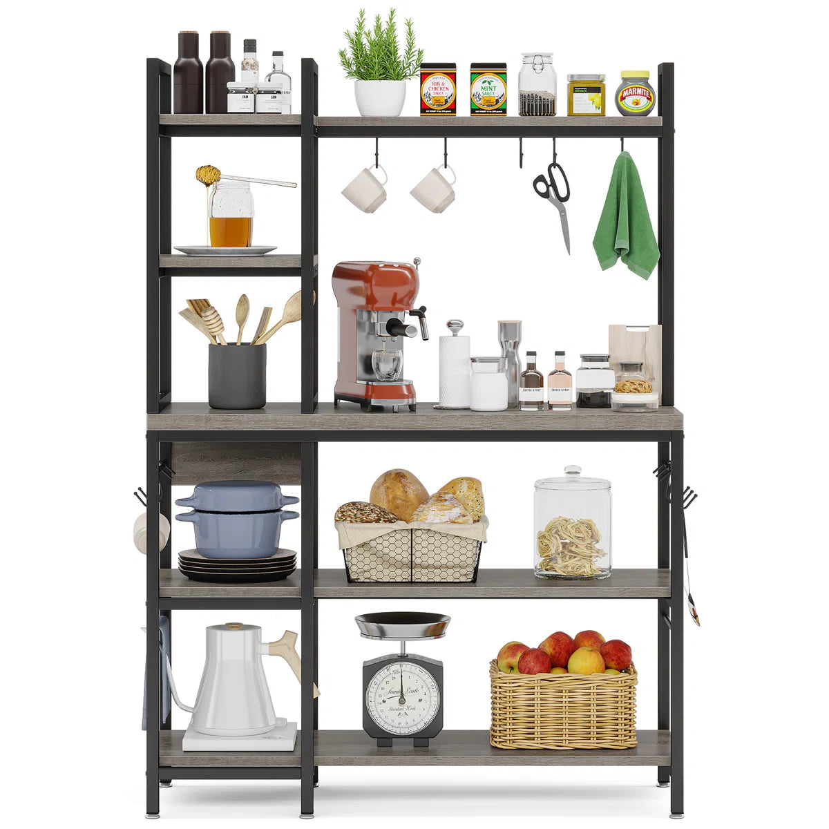 Kitchen Racks: 43.3" steel baker’s rack with microwave shelf, ideal for kitchen storage and organization