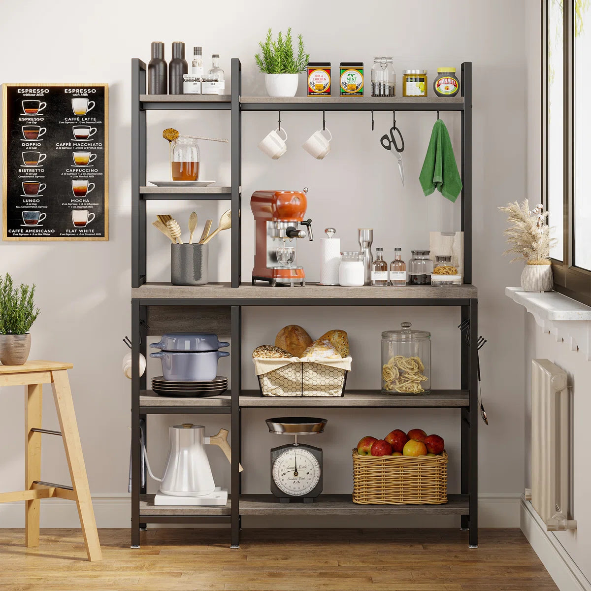 Kitchen Racks: 43.3" steel baker’s rack with microwave shelf, ideal for kitchen storage and organization