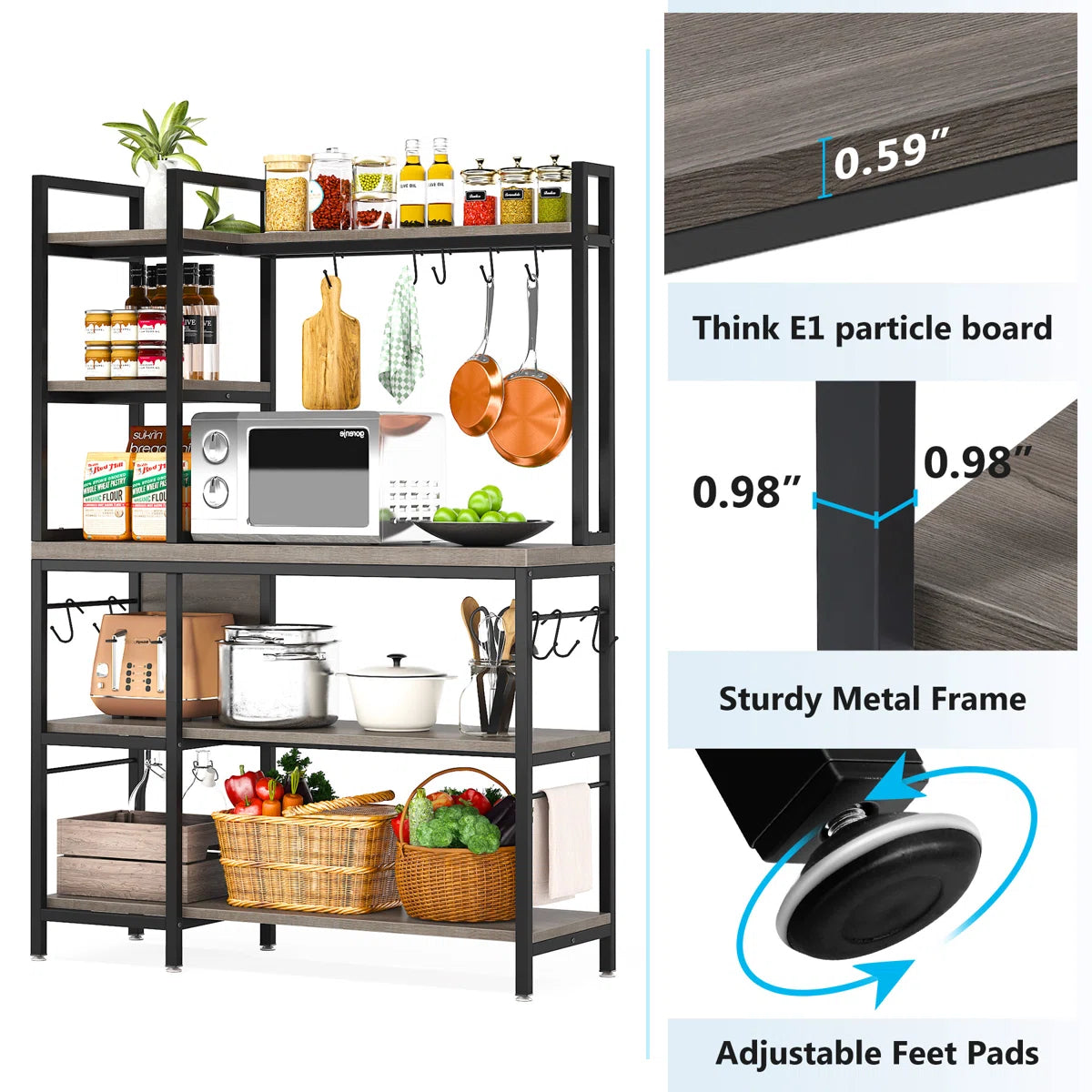 Kitchen Racks: 43.3" steel baker’s rack with microwave shelf, ideal for kitchen storage and organization