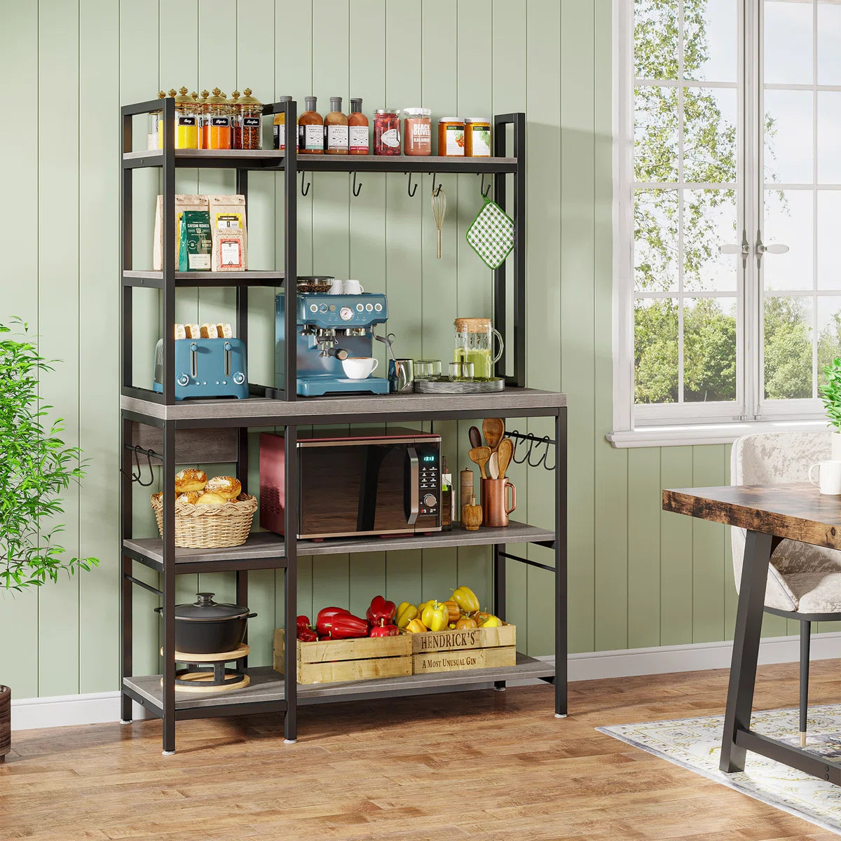 Kitchen Racks: 43.3" steel baker’s rack with microwave shelf, ideal for kitchen storage and organization