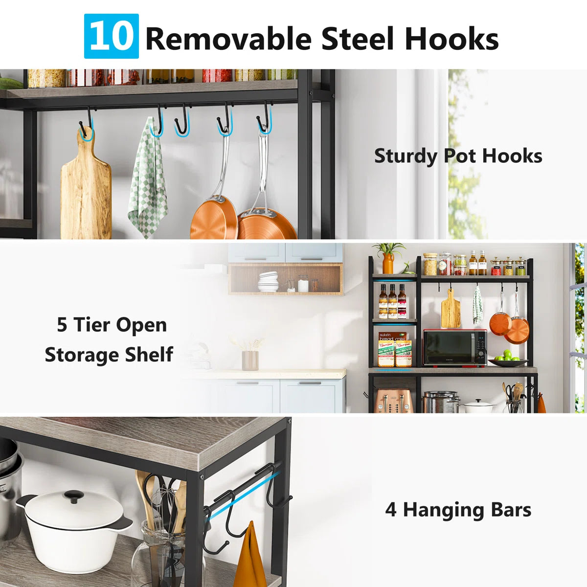 Kitchen Racks: 43.3" steel baker’s rack with microwave shelf, ideal for kitchen storage and organization