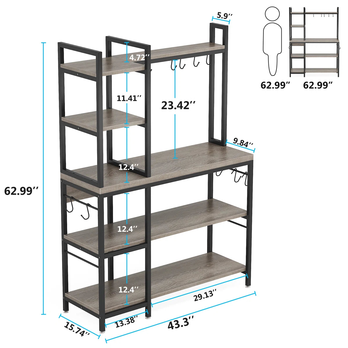 Kitchen Racks: 43.3" steel baker’s rack with microwave shelf, ideal for kitchen storage and organization