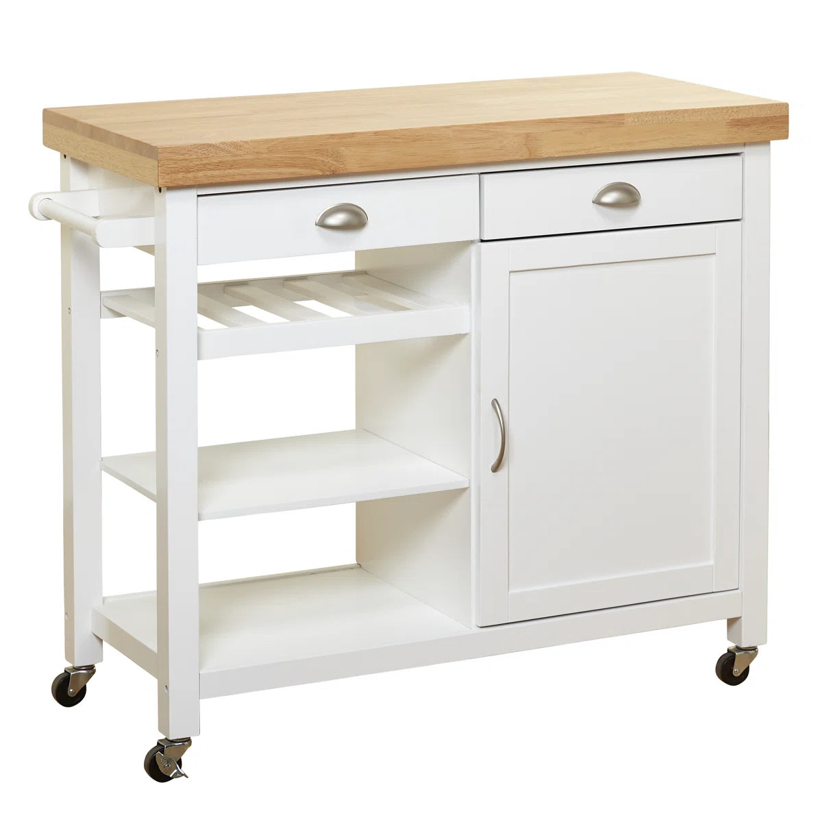 Kitchen Island Table: 41.5" Wide Multi-Storage Rubberwood Cart with Wine Rack & Towel Bar
