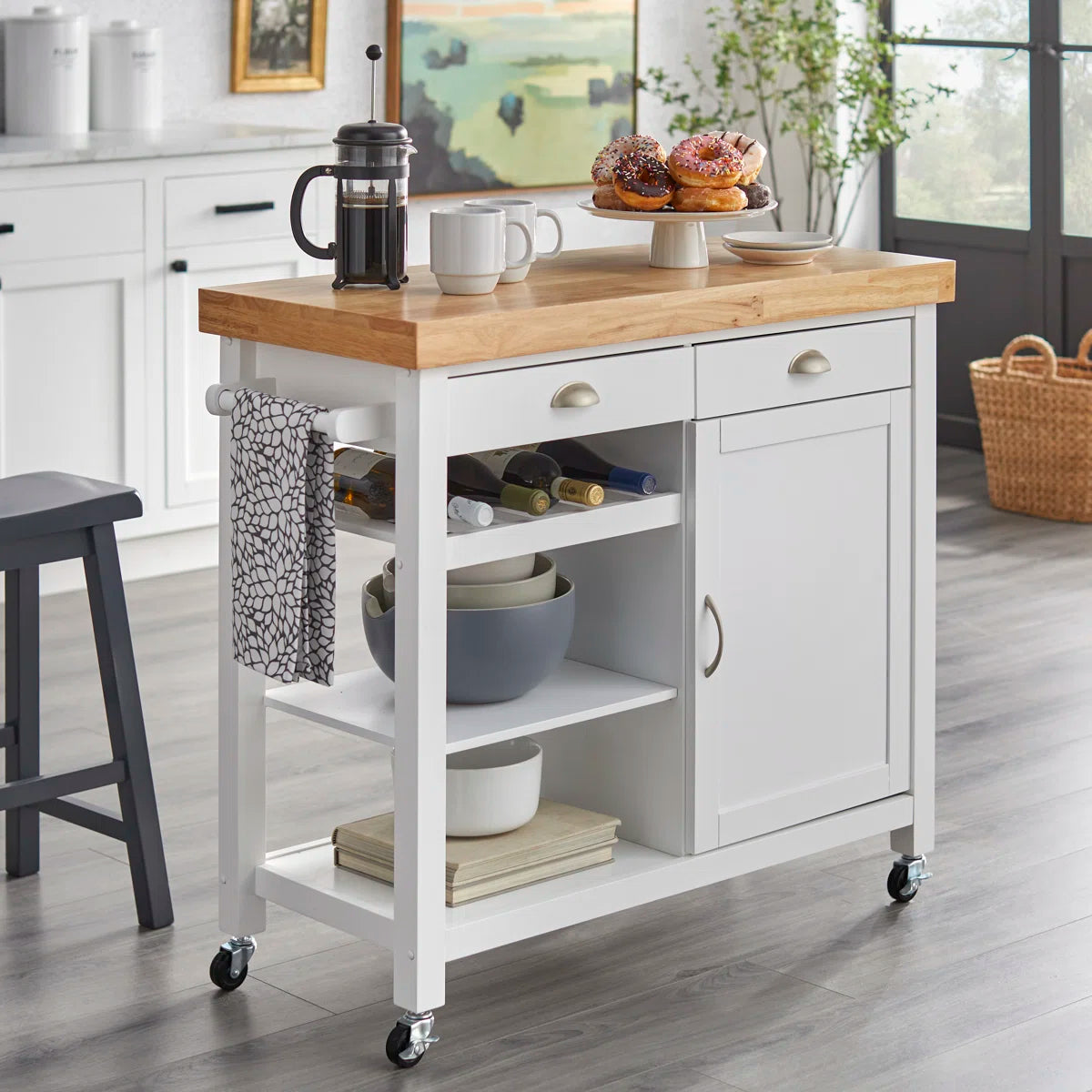 Kitchen Island Table: 41.5" Wide Multi-Storage Rubberwood Cart with Wine Rack & Towel Bar