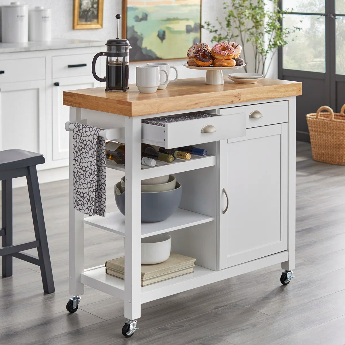 Kitchen Island Table: 41.5" Wide Multi-Storage Rubberwood Cart with Wine Rack & Towel Bar