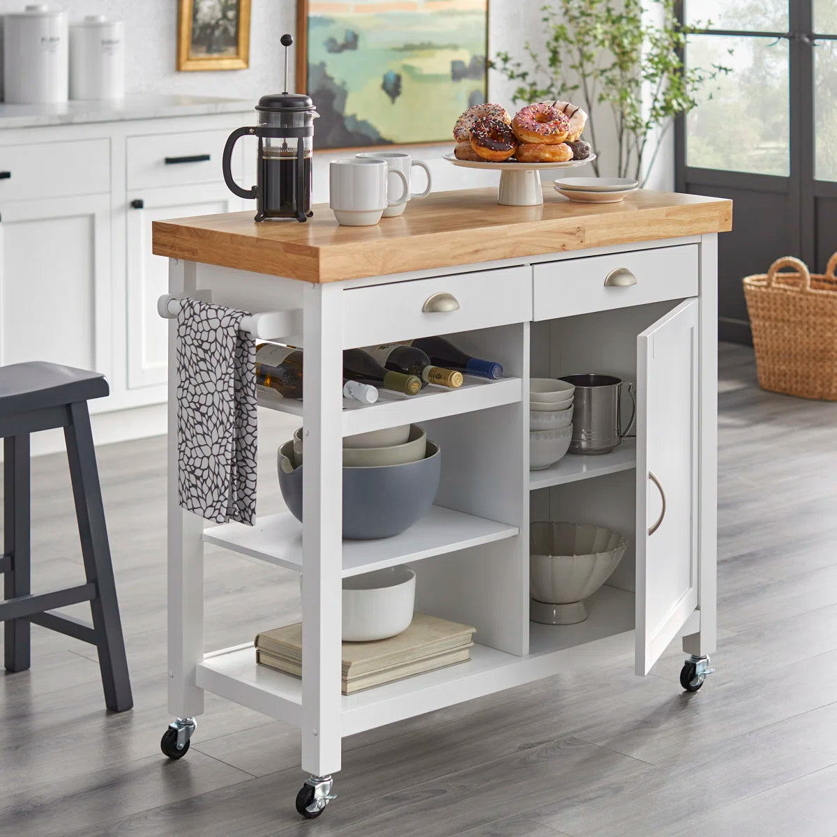 Kitchen Island Table: 41.5" Wide Multi-Storage Rubberwood Cart with Wine Rack & Towel Bar