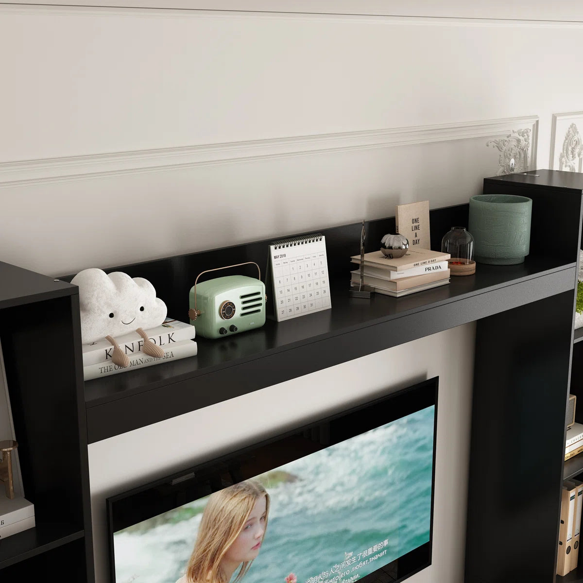 tv panel: Extendable wood TV panel with 3 large drawers, reversible design feature