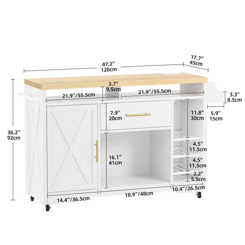 Kitchen Island Table – Multi-Functional Rolling Cart with Pine Top, Drawer, Shelves & Power Outlets