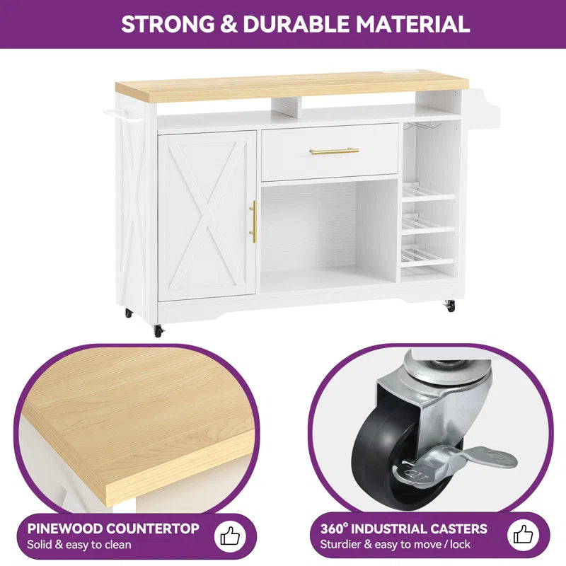 Kitchen Island Table – Multi-Functional Rolling Cart with Pine Top, Drawer, Shelves & Power Outlets