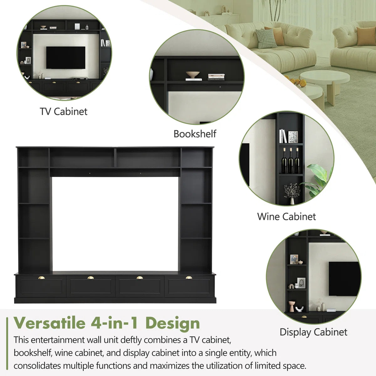 tv panel: Modern 4-in-1 tv panel with Storage, Golden Handles, Fits Up to 78" TVs