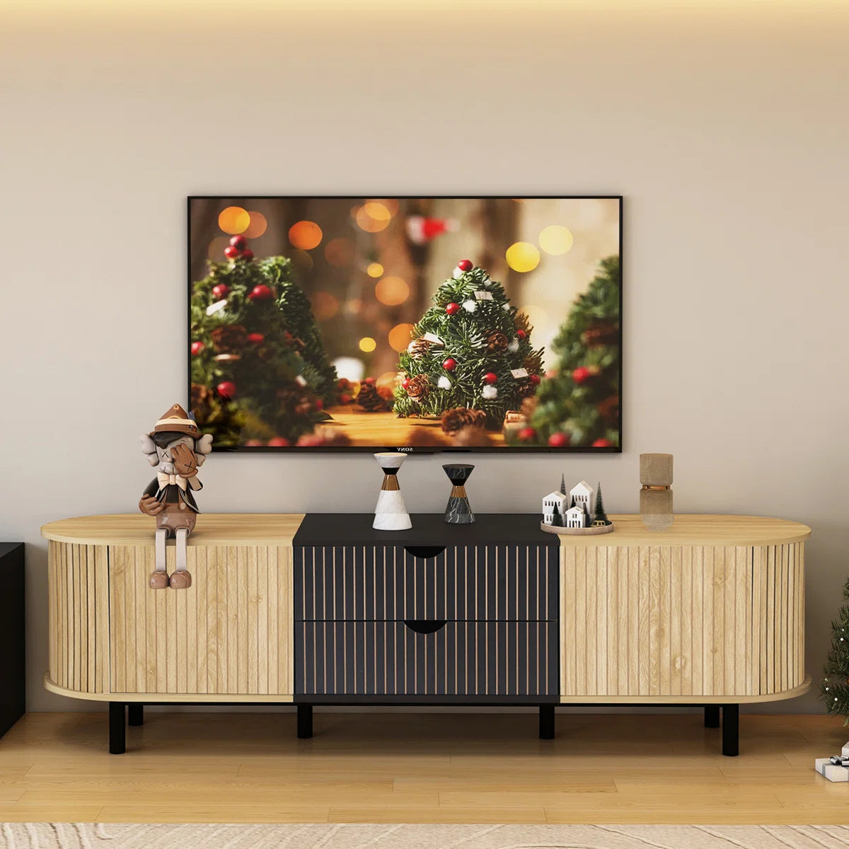 tv panel: 71" fluted media console with oval shape, drawer, and cabinet storage