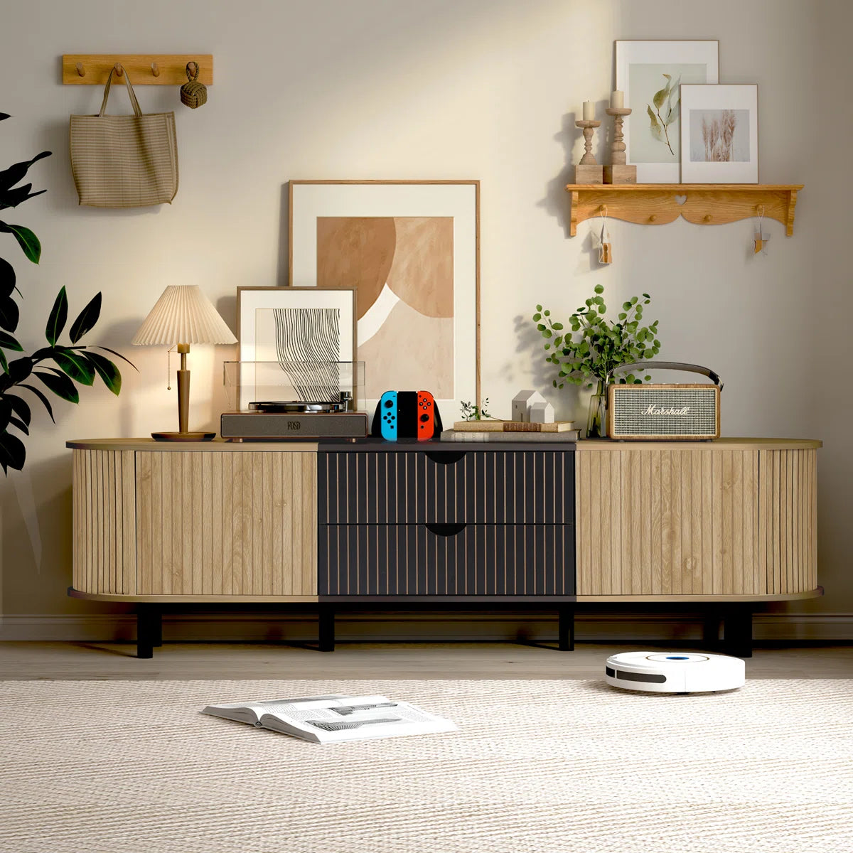 tv panel: 71" fluted media console with oval shape, drawer, and cabinet storage