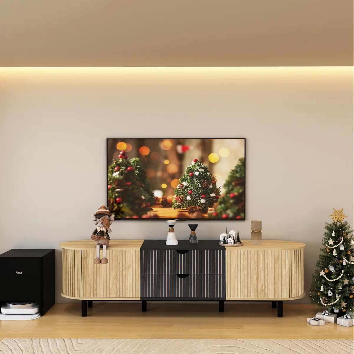 tv panel: 71" fluted media console with oval shape, drawer, and cabinet storage