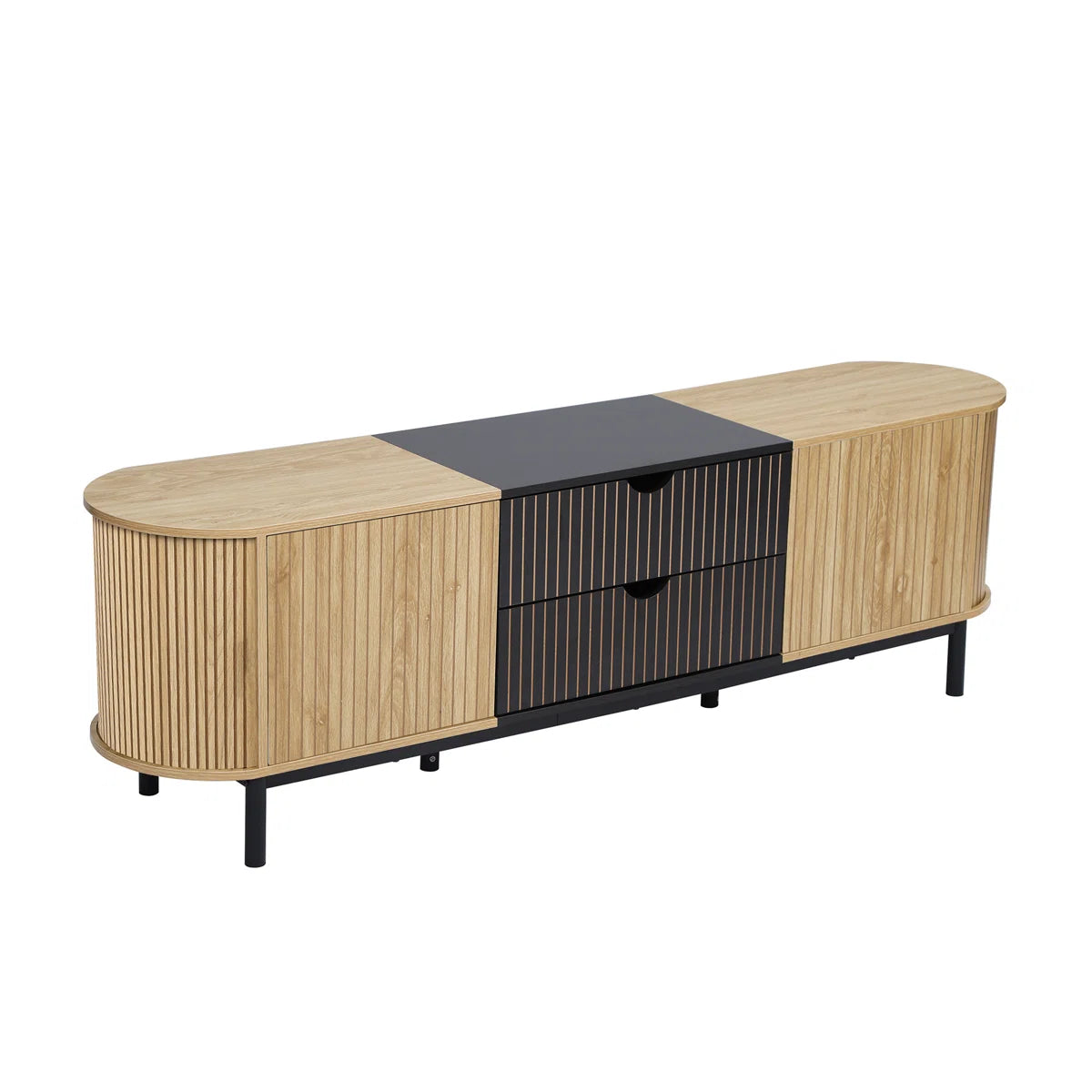 tv panel: 71" fluted media console with oval shape, drawer, and cabinet storage