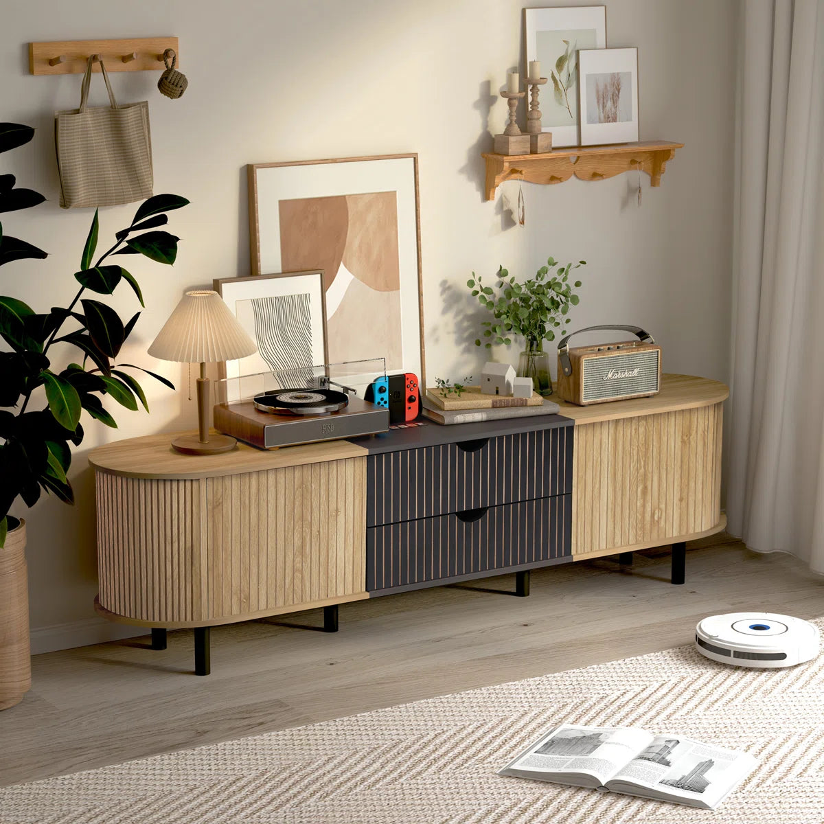 tv panel: 71" fluted media console with oval shape, drawer, and cabinet storage