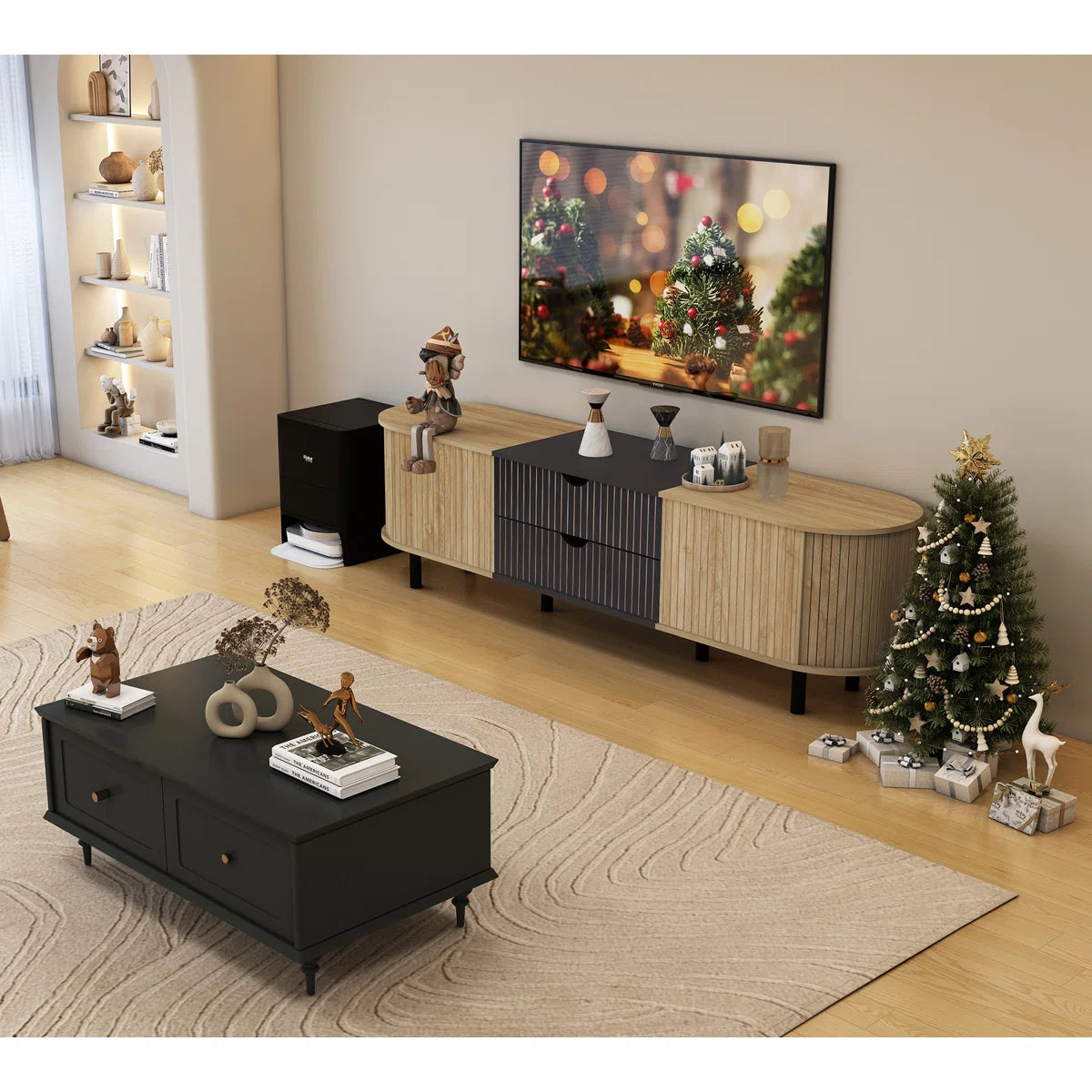 tv panel: 71" fluted media console with oval shape, drawer, and cabinet storage