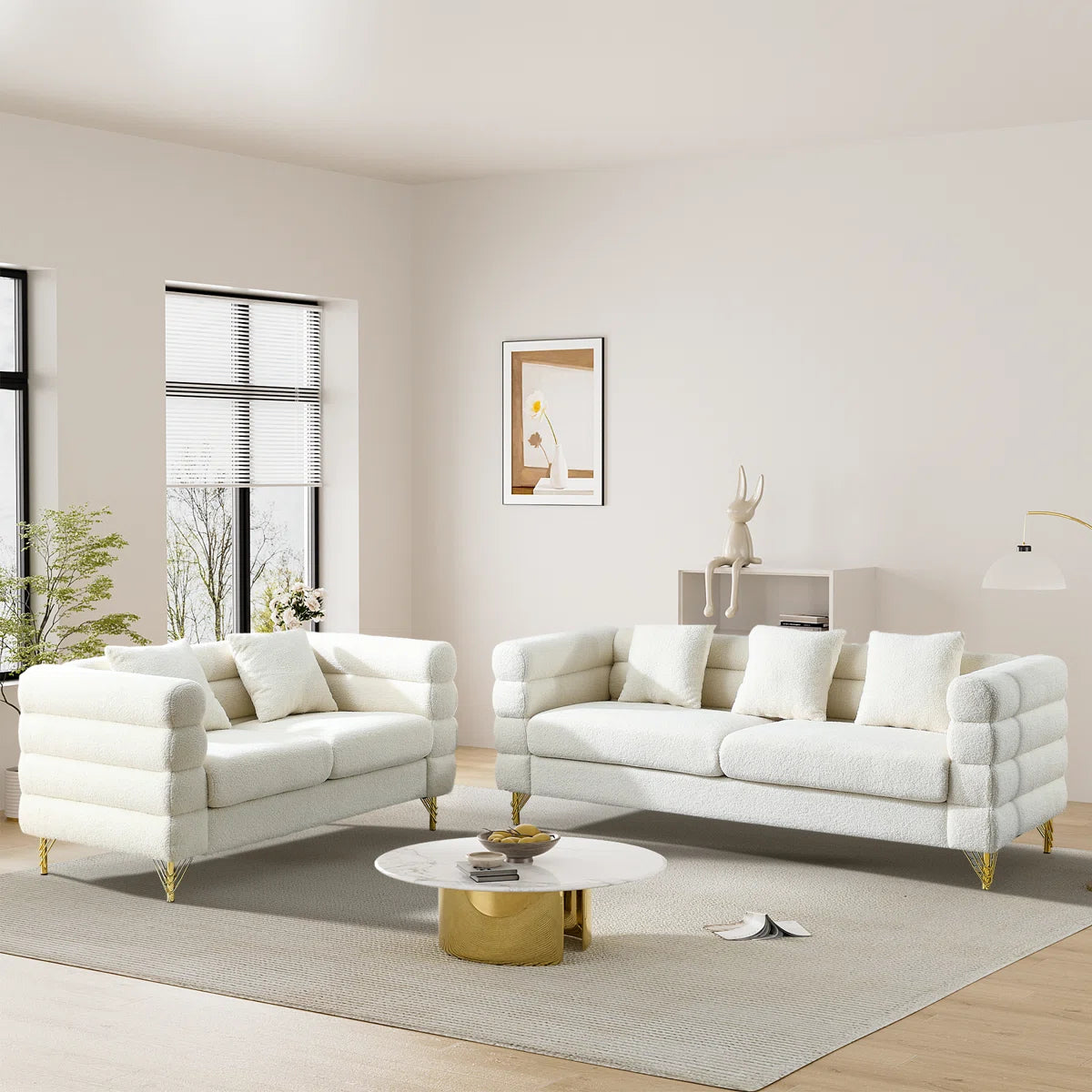 Luxury Sofa Sets: Mid-Century Modern 2-Piece Sofa and Loveseat Set with Golden Legs