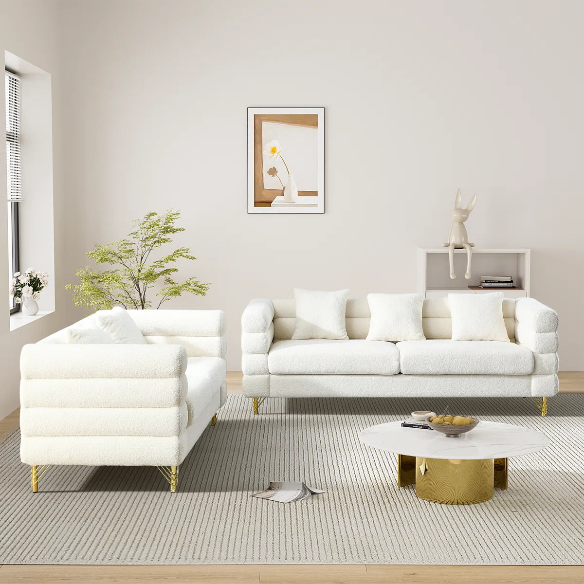 Luxury Sofa Sets: Mid-Century Modern 2-Piece Sofa and Loveseat Set with Golden Legs