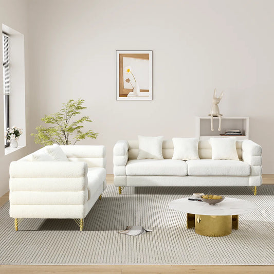 Luxury Sofa Sets: Mid-Century Modern 2-Piece Sofa and Loveseat Set with Golden Legs