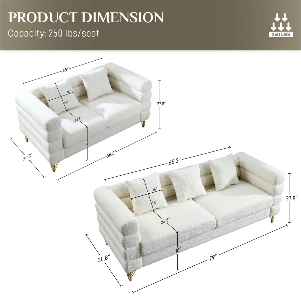 Luxury Sofa Sets: Mid-Century Modern 2-Piece Sofa and Loveseat Set with Golden Legs