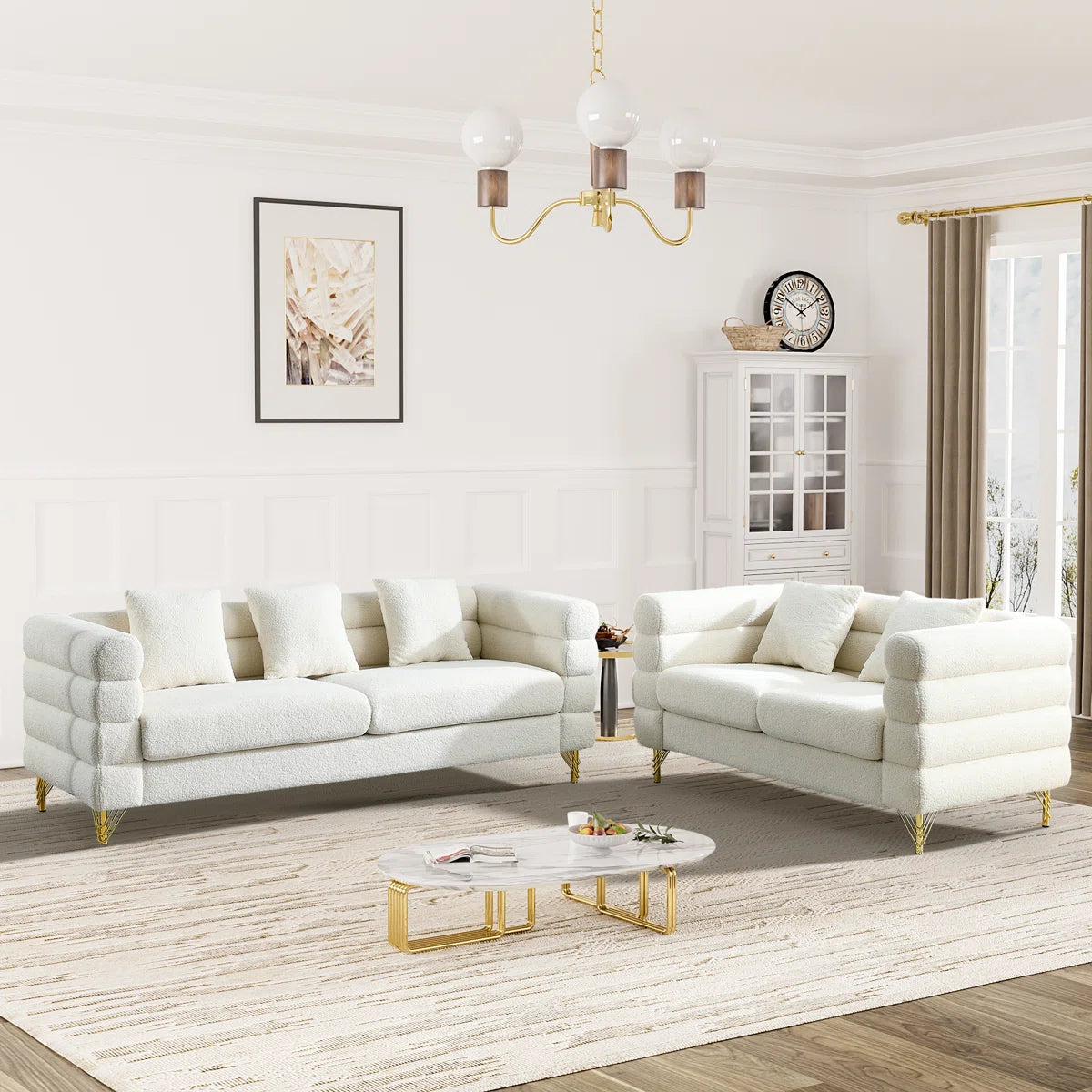 Luxury Sofa Sets: Mid-Century Modern 2-Piece Sofa and Loveseat Set with Golden Legs