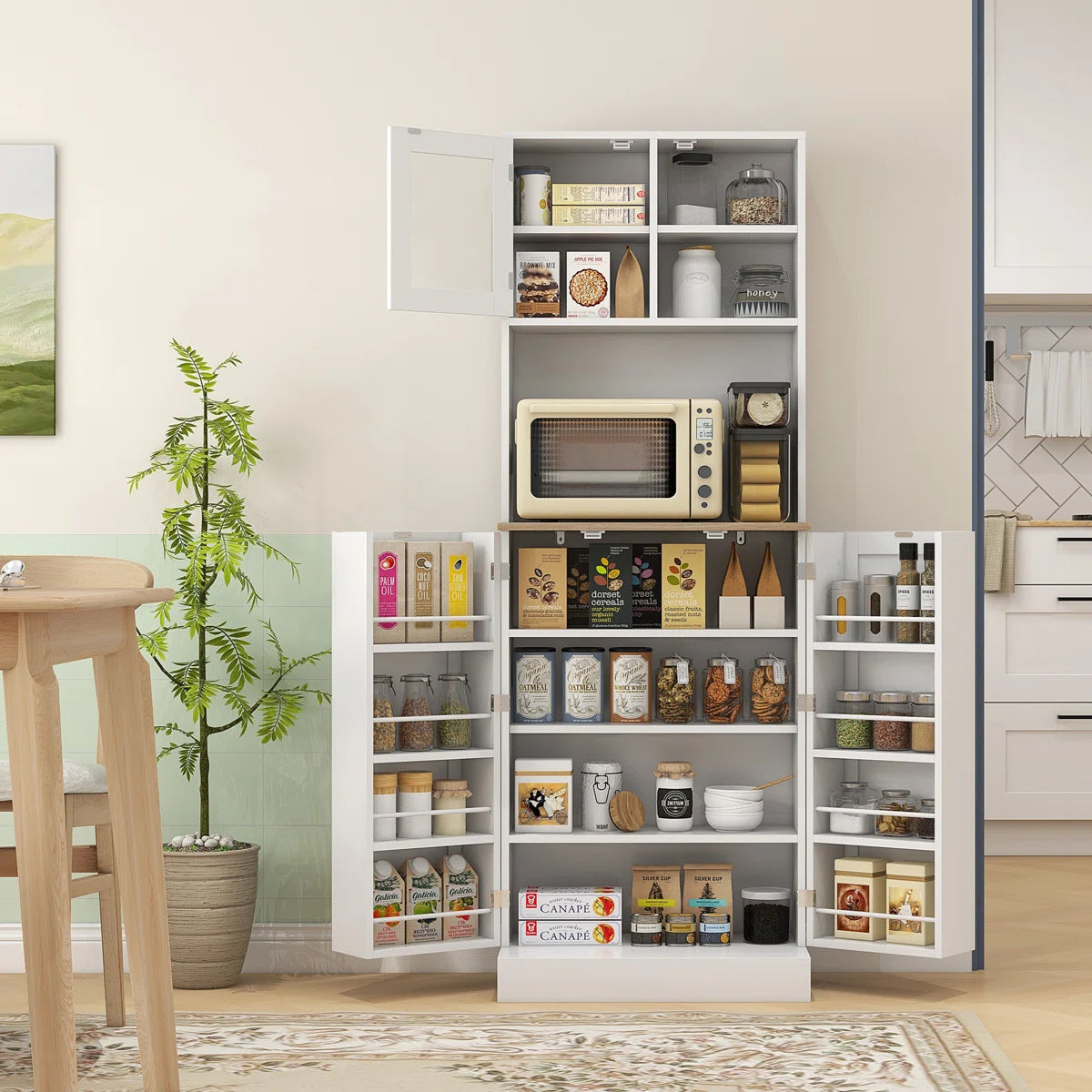 Microwave Stands: White Freestanding Pantry Cabinet with Hutch – Kitchen Storage Cabinet with 8 Door Shelves & Adjustable Shelves