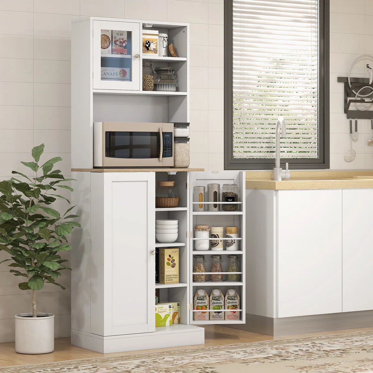 Microwave Stands: White Freestanding Pantry Cabinet with Hutch – Kitchen Storage Cabinet with 8 Door Shelves & Adjustable Shelves