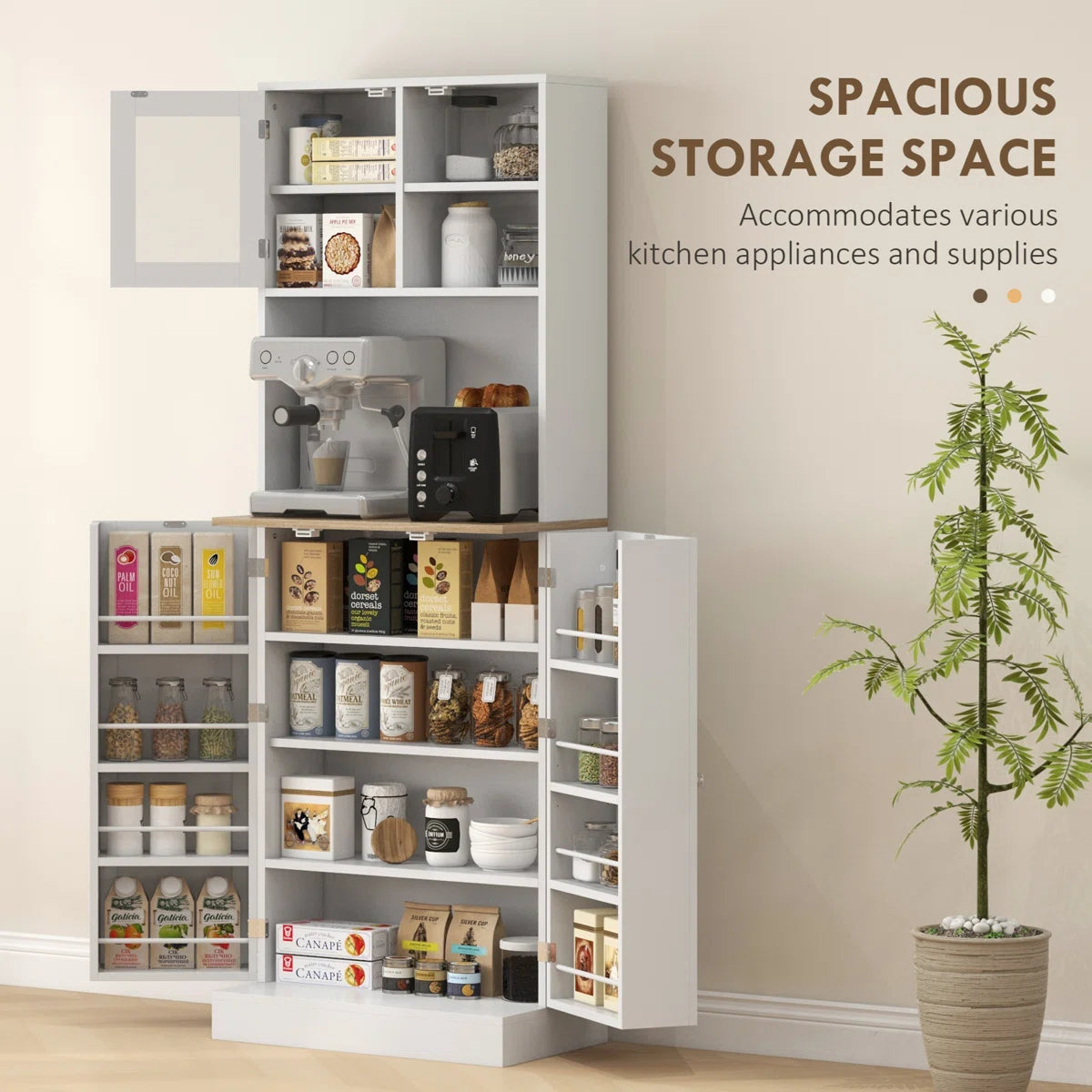 Microwave Stands: White Freestanding Pantry Cabinet with Hutch – Kitchen Storage Cabinet with 8 Door Shelves & Adjustable Shelves