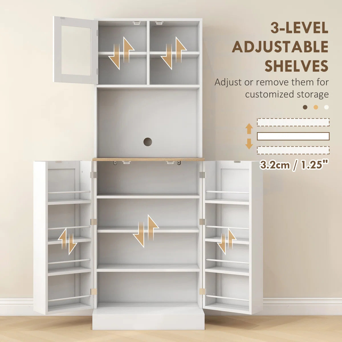 Microwave Stands: White Freestanding Pantry Cabinet with Hutch – Kitchen Storage Cabinet with 8 Door Shelves & Adjustable Shelves