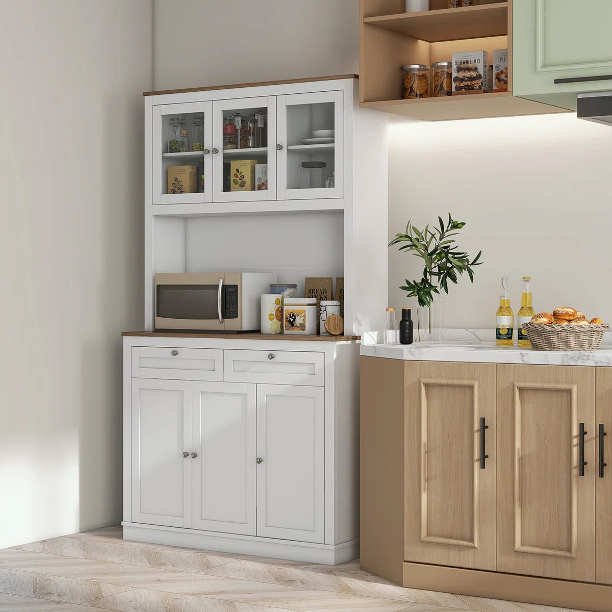 Microwave Stands: Pantry Cabinet with Hutch, 2 Drawers, 5 Doors, Adjustable Shelves & Glass Doors