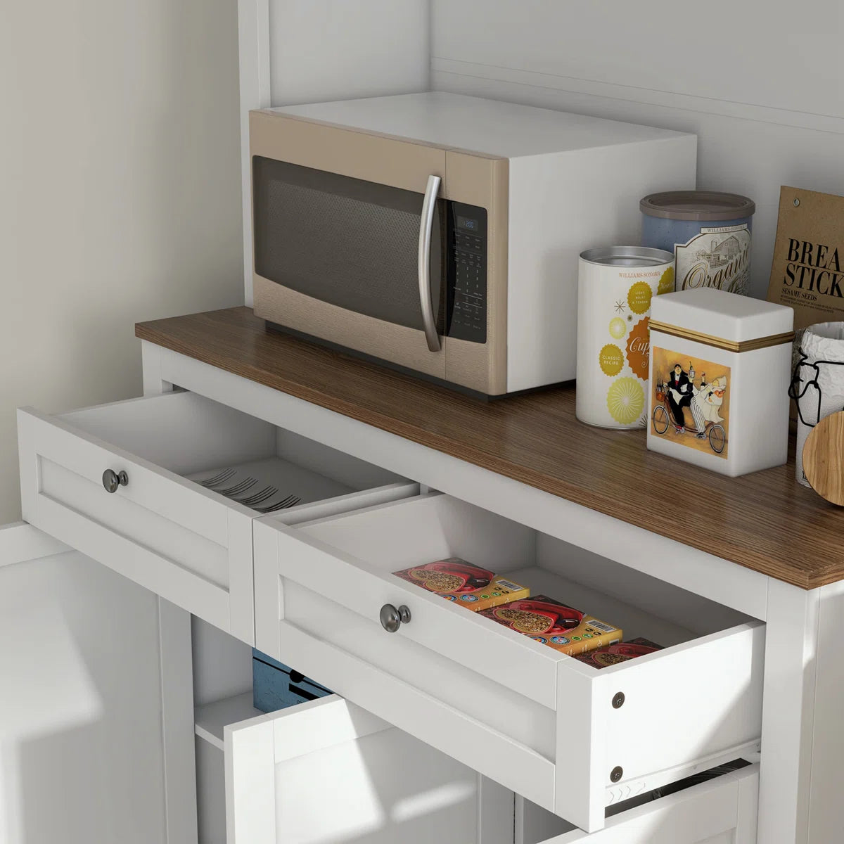 Microwave Stands: Pantry Cabinet with Hutch, 2 Drawers, 5 Doors, Adjustable Shelves & Glass Doors