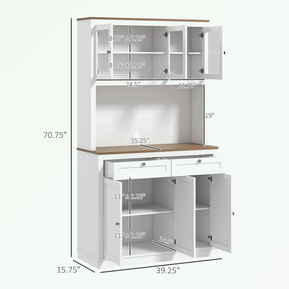 Microwave Stands: Pantry Cabinet with Hutch, 2 Drawers, 5 Doors, Adjustable Shelves & Glass Doors