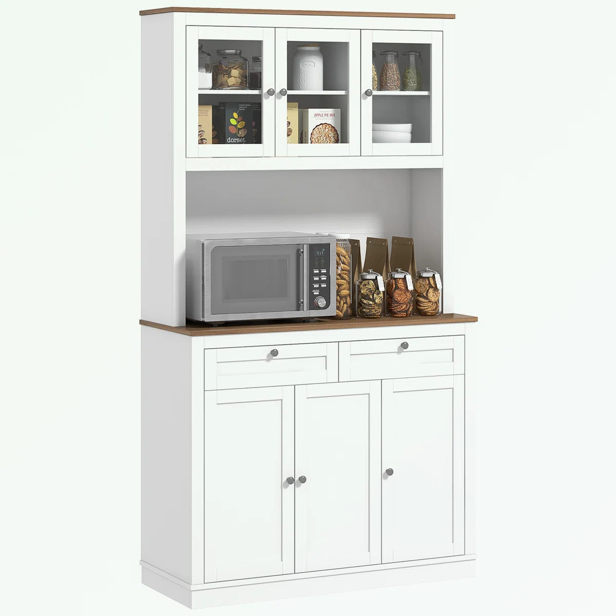 Microwave Stands: Pantry Cabinet with Hutch, 2 Drawers, 5 Doors, Adjustable Shelves & Glass Doors