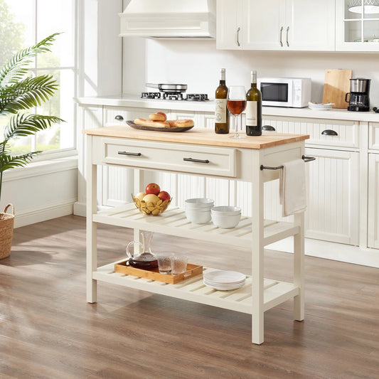 Kitchen Island Table: 42" Wide Butcher Block Top Island with Drawers & Open Shelves