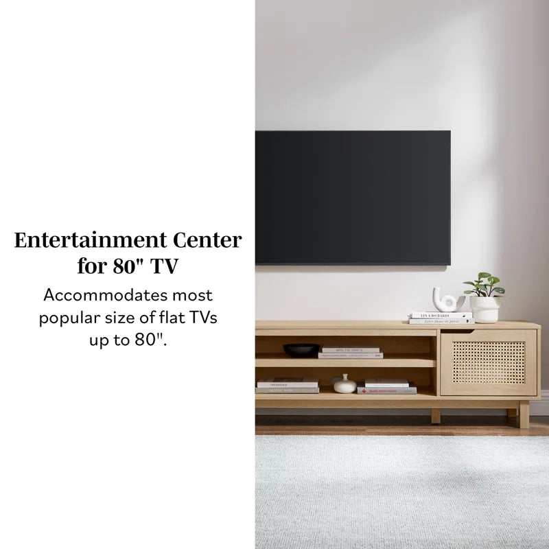 tv panel: 70" wide TV panel holds 80" screens with two-door storage