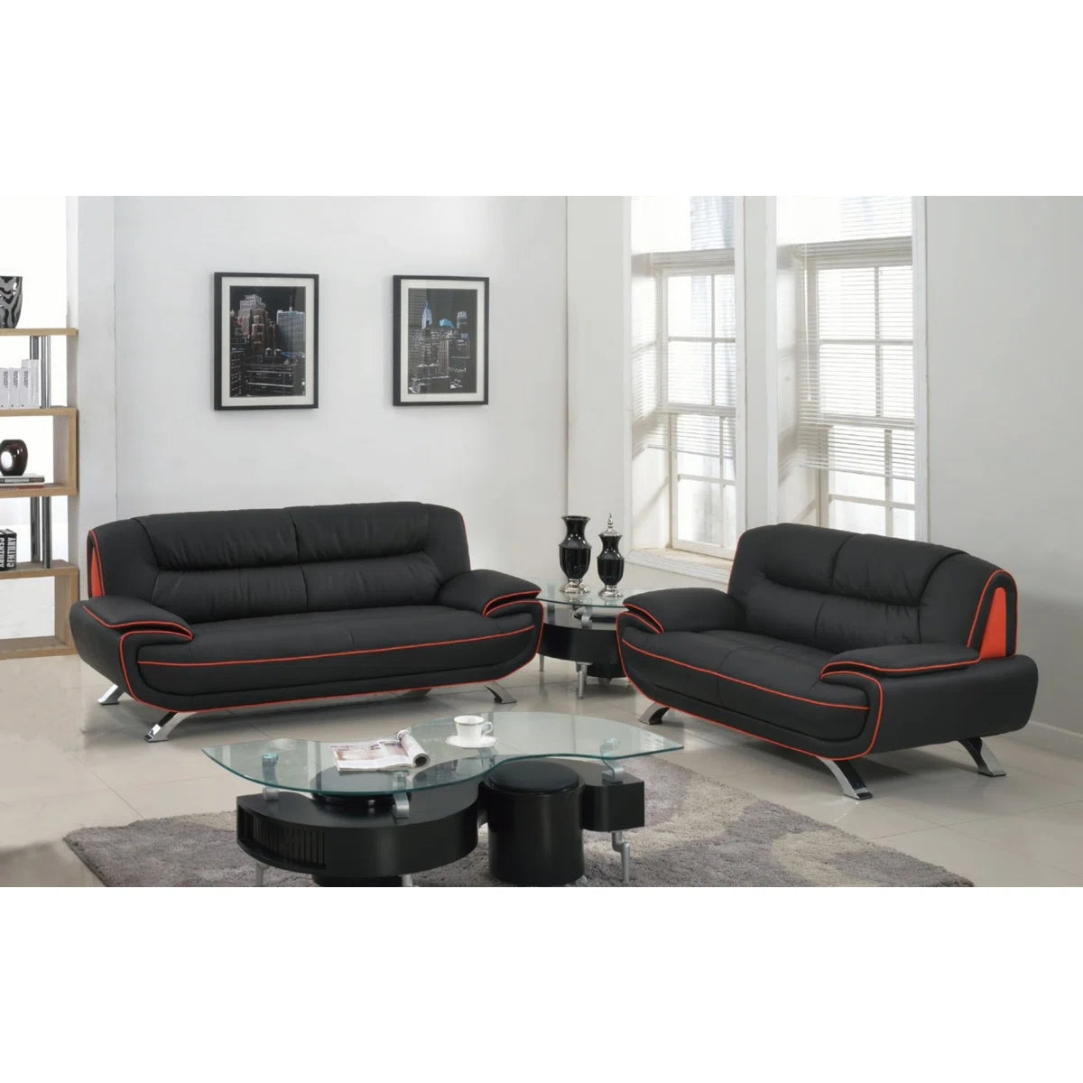 Luxury Sofa Sets: 2-Piece Black Genuine Leather Sofa & Loveseat Set with Coil Spring Support