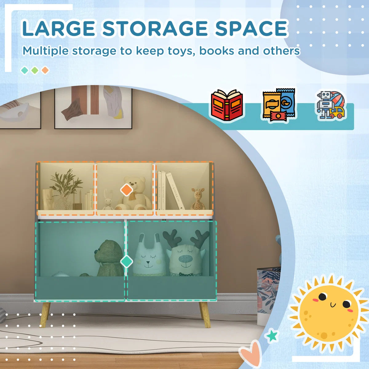 Kids Toy Storage Unit: 2-Tier, 5-Compartment Kids Storage Shelf with Anti-Tip Device