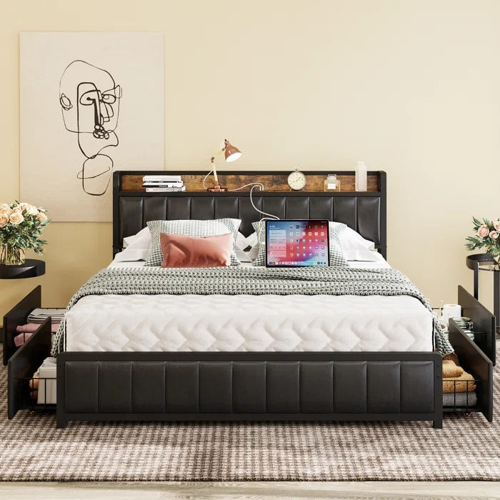 Queen Size Bed: Black PU Leather Headboard and Footboard